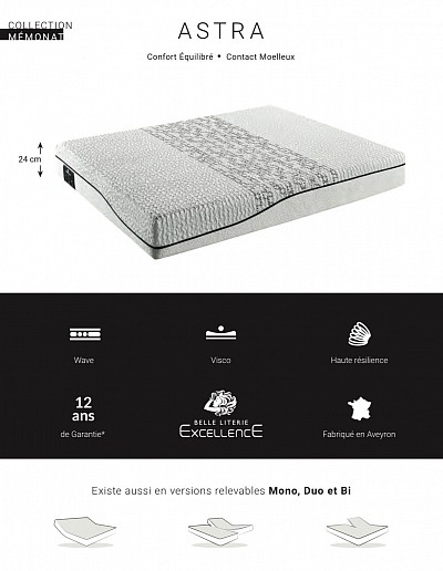 Matelas Technilat astra mémoire de forme, 7 zones, déhoussable, matières naturelles