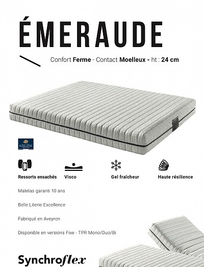 Matelas Technilat Émeraude ressorts ensachés, mémoire de forme, déhoussable, matelas ressorts pour lit électrique, matelas ressorts pour sommier motorisé, matelas pour problèmes de dos, matelas garanti 10 ans, matelas haut de gamme fabriqué en France