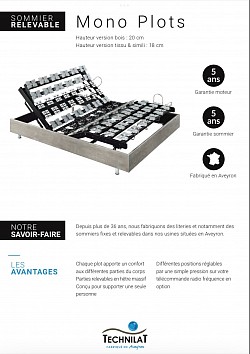 Sommier motorisé Mono Plots Technilat. Existe en 120x190, 120x200, 140x190 et 140x200. 3 zones de plots ajustables. Moteur renforcé avec remise à zéro.