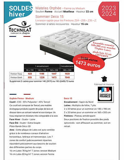 Soldes 2024 Technilat, matelas Orphée, pack Orphée, Promotion hiver 2024