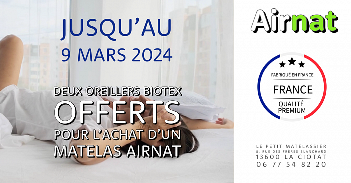 Pour l’achat d’un matelas Airnat haut de gamme, Deux oreillers Biotex memotradi offerts