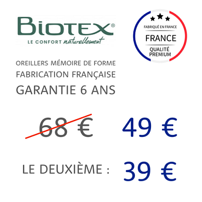 Promotion oreiller Memolouna de Biotex tarif 49 euros pour 1 oreiller, le deuxième à 39 euros