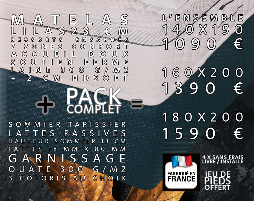 Promotion Prix PACK ENSEMBLE COMPLET sommier tapissier lattes passives + matelas RESSORTS ENSACHÉS en 140x190, 160x200 ou 180x200 avec livraison gratuite. Autres secteurs et autres dimensions sur demande.