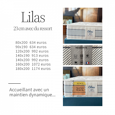 Matelas Lilas, ressorts ensachés intégral 7 zones, accueil doux soutien ferme. Fabriqué en France par literie du comtat. Toutes dimensions possibles. Matelas excellent rapport qualité prix. À essayer à La Ciotat