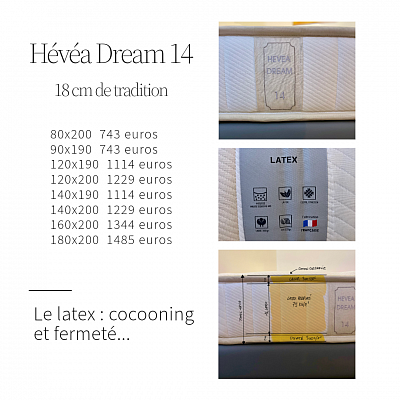 Matelas Hévéa dream, latex naturel 20%, 75 kg/m3, face laine, accueil doux soutien ferme. Fabriqué en France par literie du comtat. Toutes dimensions possibles. Matelas excellent rapport qualité prix. À essayer à La Ciotat