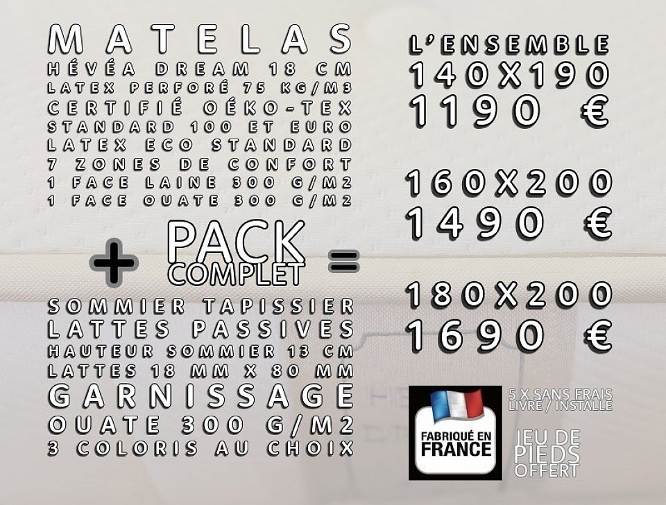 Promotion Prix PACK ENSEMBLE COMPLET sommier tapissier à lattes passives + matelas LATEX 20% latex naturel, fabrication française en 140x190, 160x200 ou 180x200 avec livraison gratuite. Autres secteurs et autres dimensions sur demande.