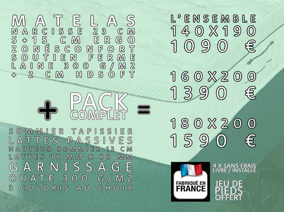 Promotion Prix PACK ENSEMBLE COMPLET sommier tapissier à lattes passives + mousse haute résilience Ergo 5 + 15, fabrication française en 140x190, 160x200 ou 180x200 avec livraison gratuite. Autres secteurs et autres dimensions sur demande.